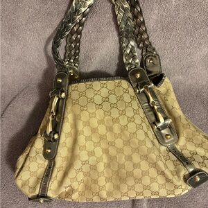 Gucci Pelham Canvas Shoulder Bag with Metallic Strapes